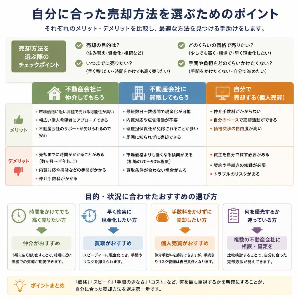 売却方法の選択:仲介・買取業者への売却・自分で売る方法