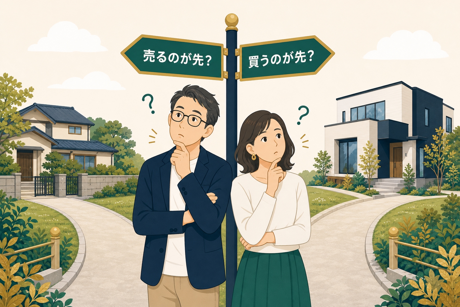 「売るのが先？」「買うのが先？」の分かれ道で迷う夫婦のイラスト